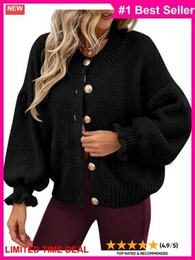 Womens Long Sleeve Chunky Knit Cardigan Ruffle Sleeve Button Up Cropped Sweater